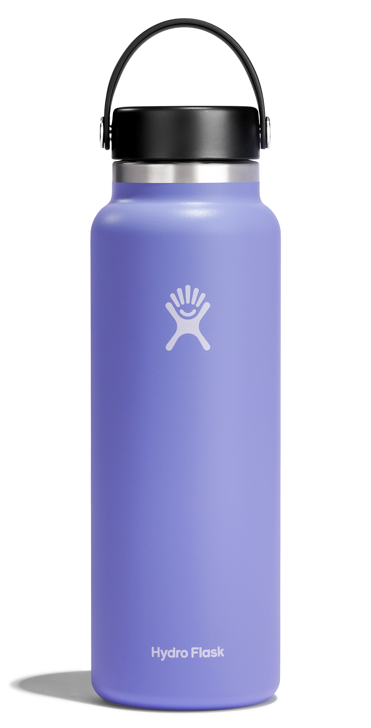 Hydro Flask Wide Mouth Insulated Water Bottle in lavender, designed for hot and cold drinks, featuring a Flex Cap and stainless steel.